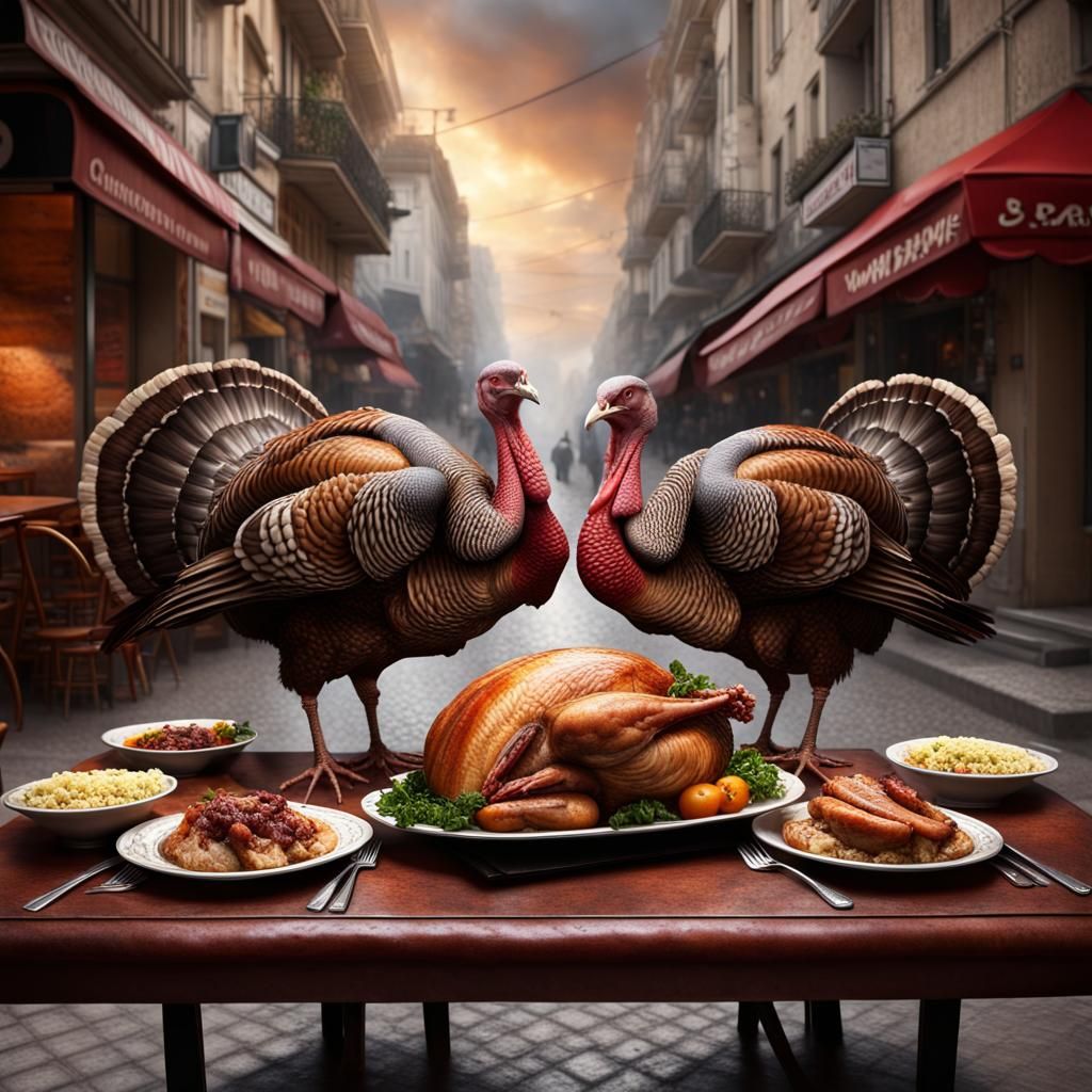 Two turkeys dining on roast turkey at a street cafe in Turkey