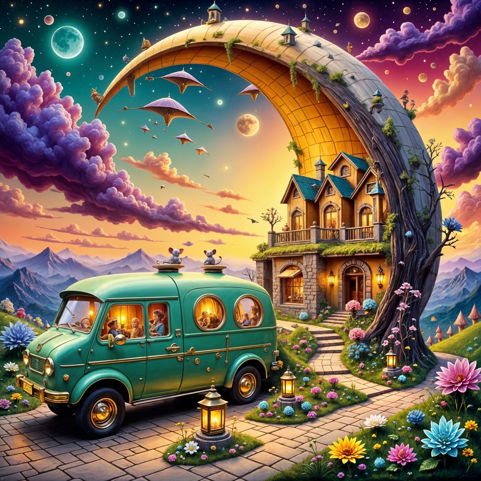 Miniature Village in Ornate Crescent Moon