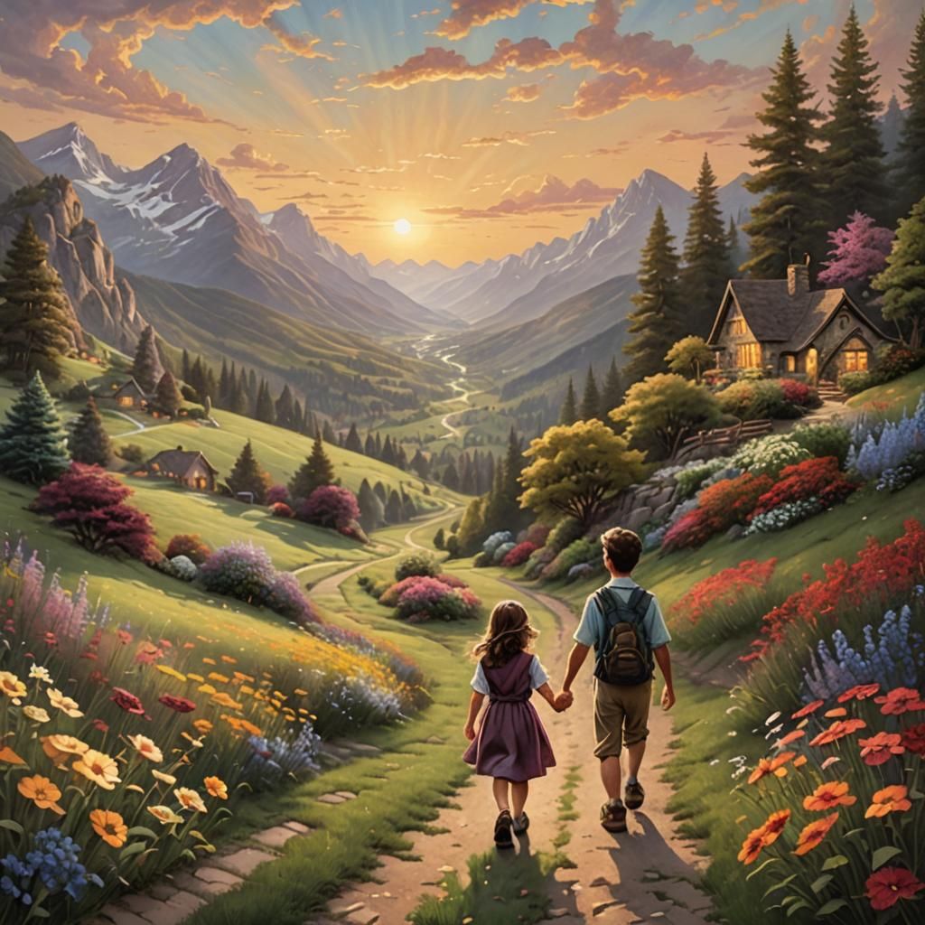 Children Stroll Through Floral Field in Kinkade Style