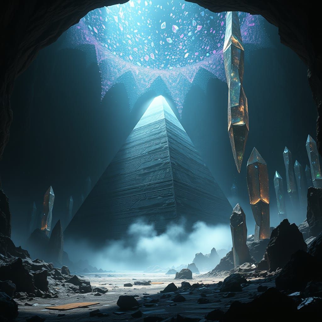 Majestic Black Pyramid in Underground Cave
