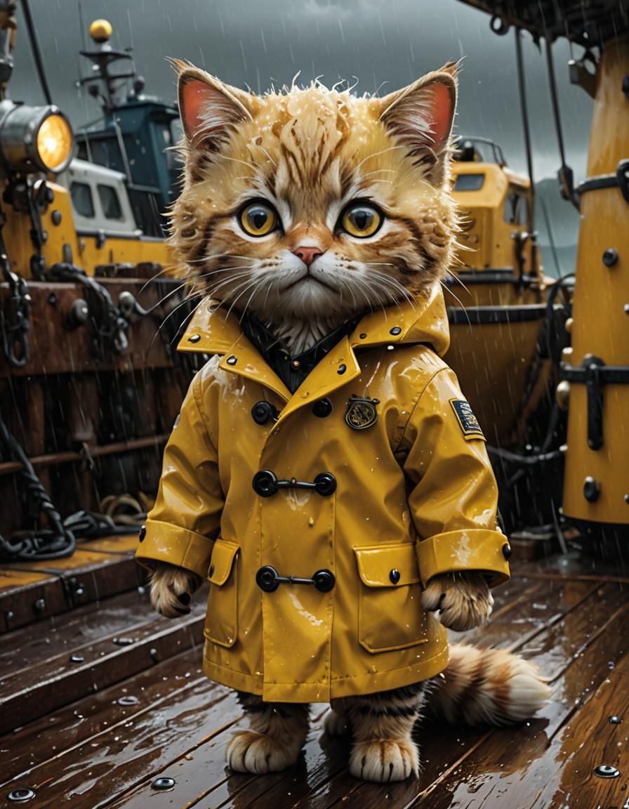 Chibi Cat on Trawler in Rainstorm
