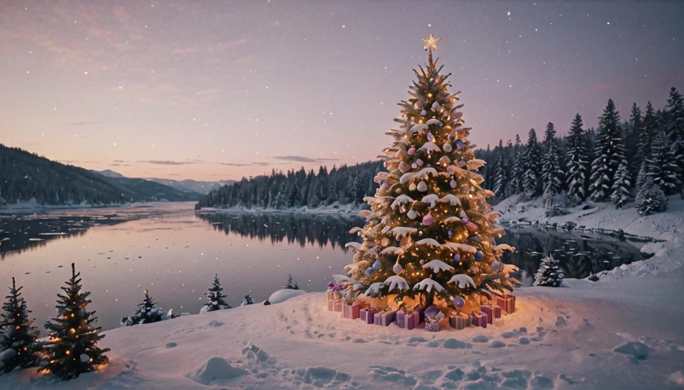 Decorated Christmas tree on a hill above a frozen lake, under the tree gifts for wild animals, a bunny, a blackbird, a s...