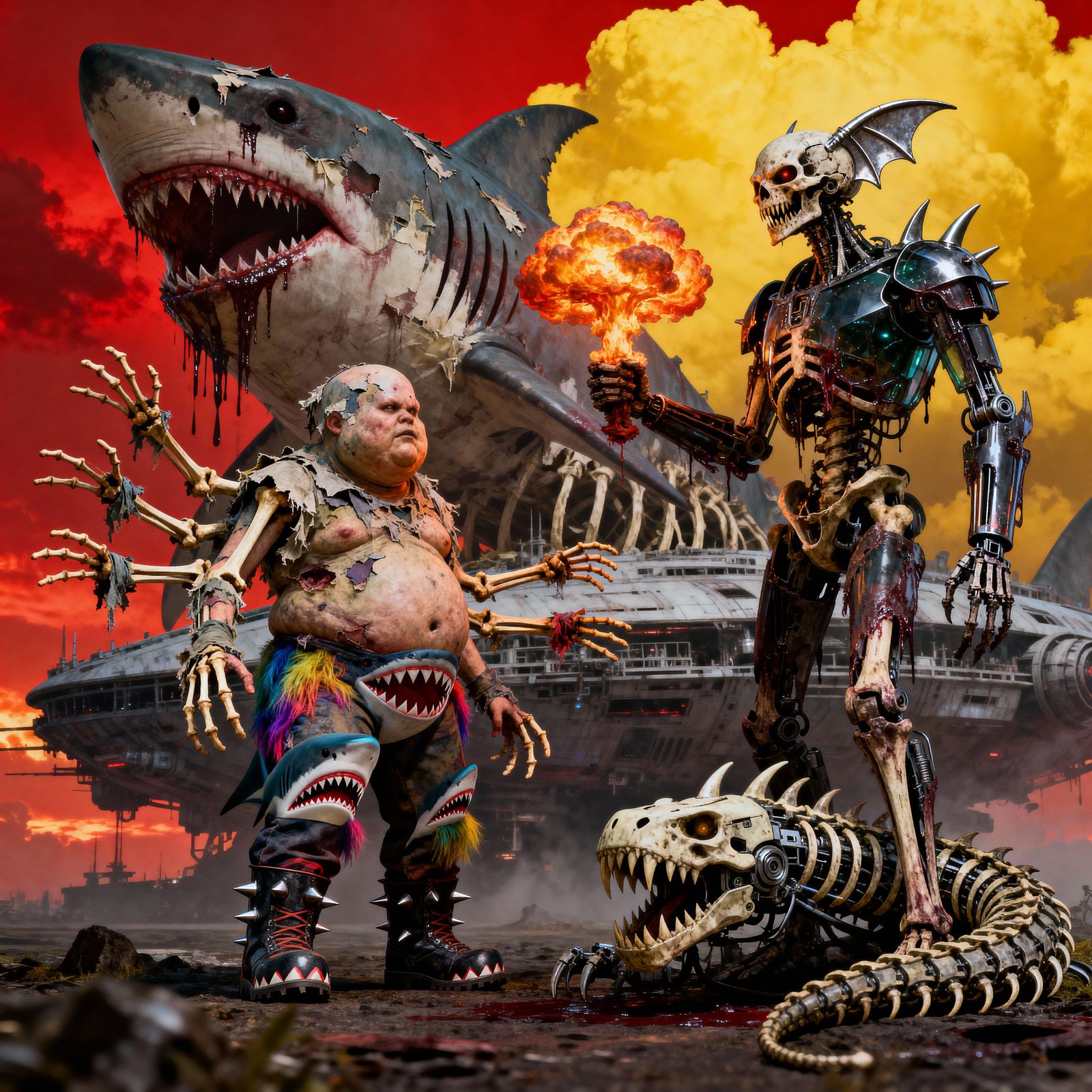 Creepy Gargoyle Cyborg with Fiery Explosion