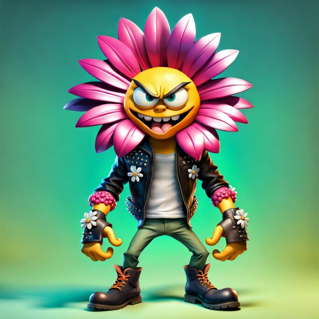 Headbanging Flower Character in Heavy Metal Style