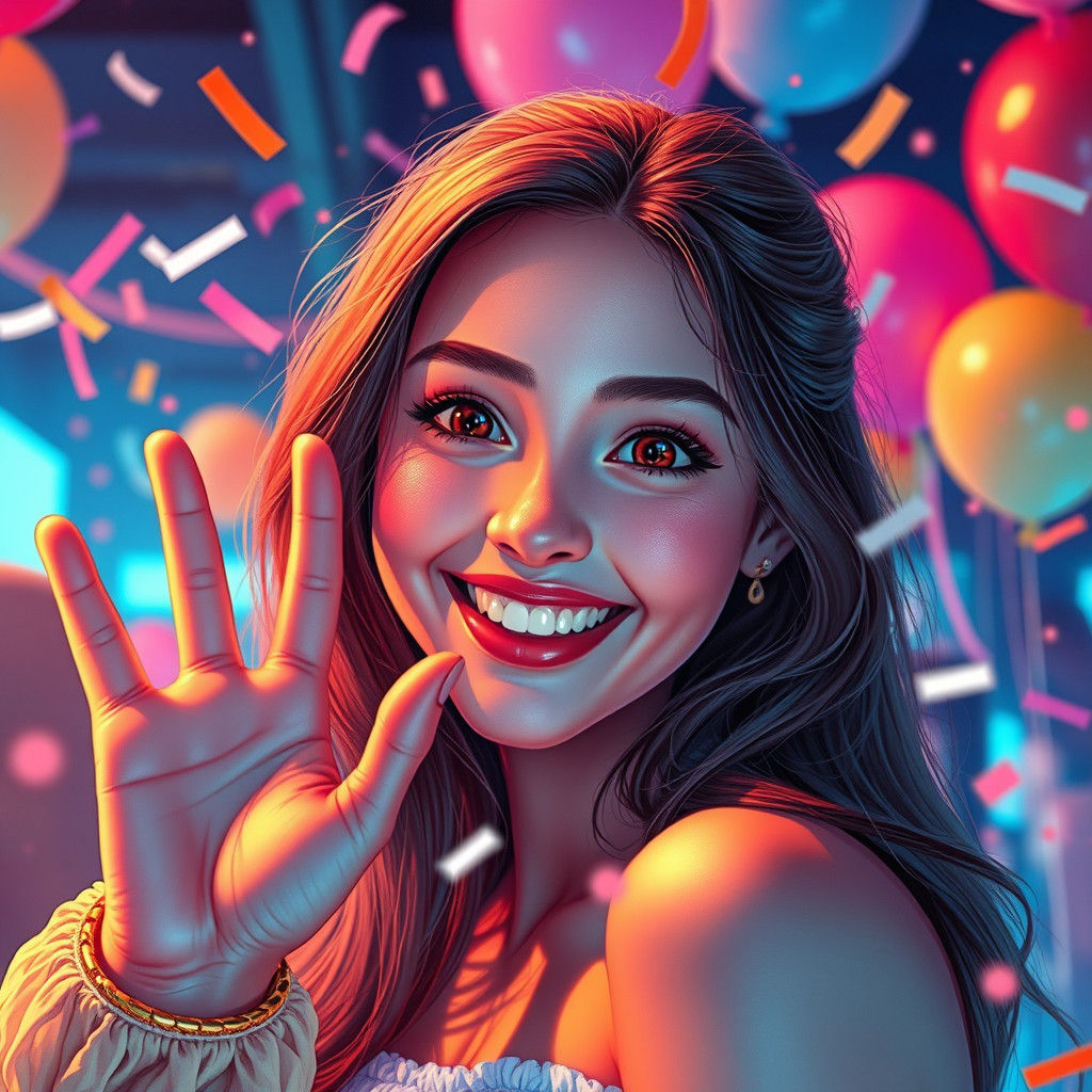 Joyful Woman Waving in a Futuristic Celebration