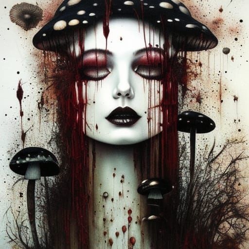 Surreal Mushroom Girl Painting in Dark Grunge Style