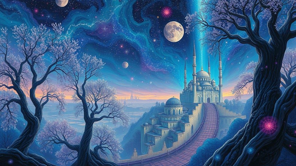 Surreal Dreamworld with Celestial Trees and Labyrinthine Cit...