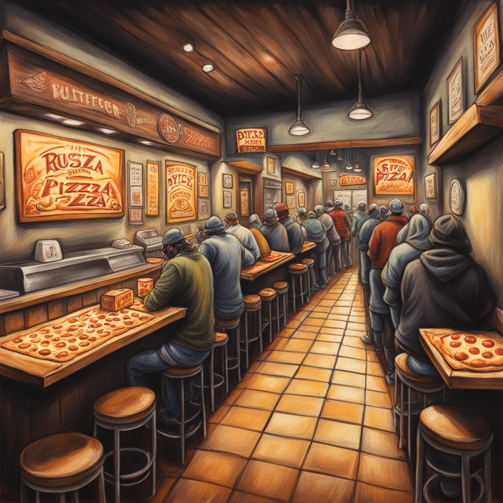 Sinister Pizza Shop Queue in Colored Chalk Style