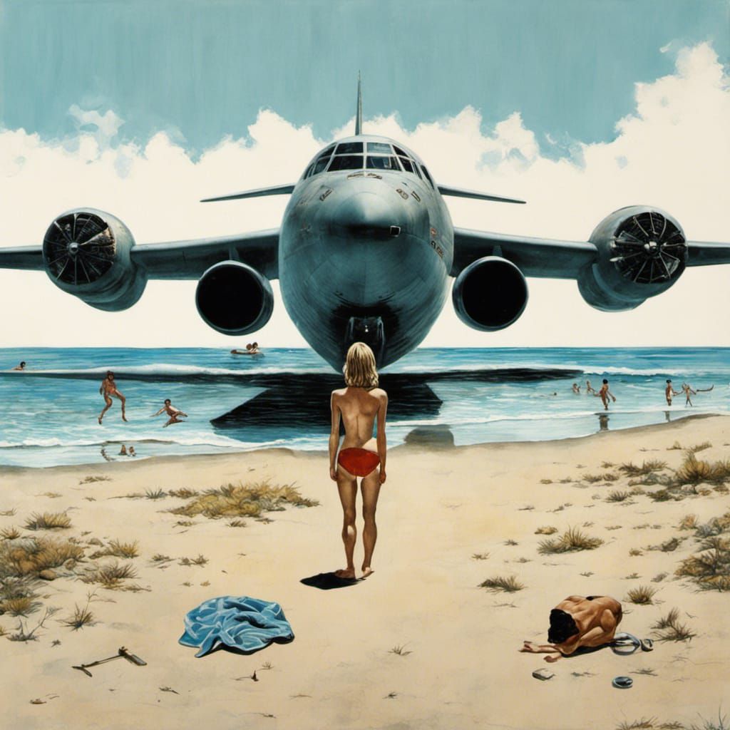 Summer Swimming with Distant Bomber, Surreal Collage Art