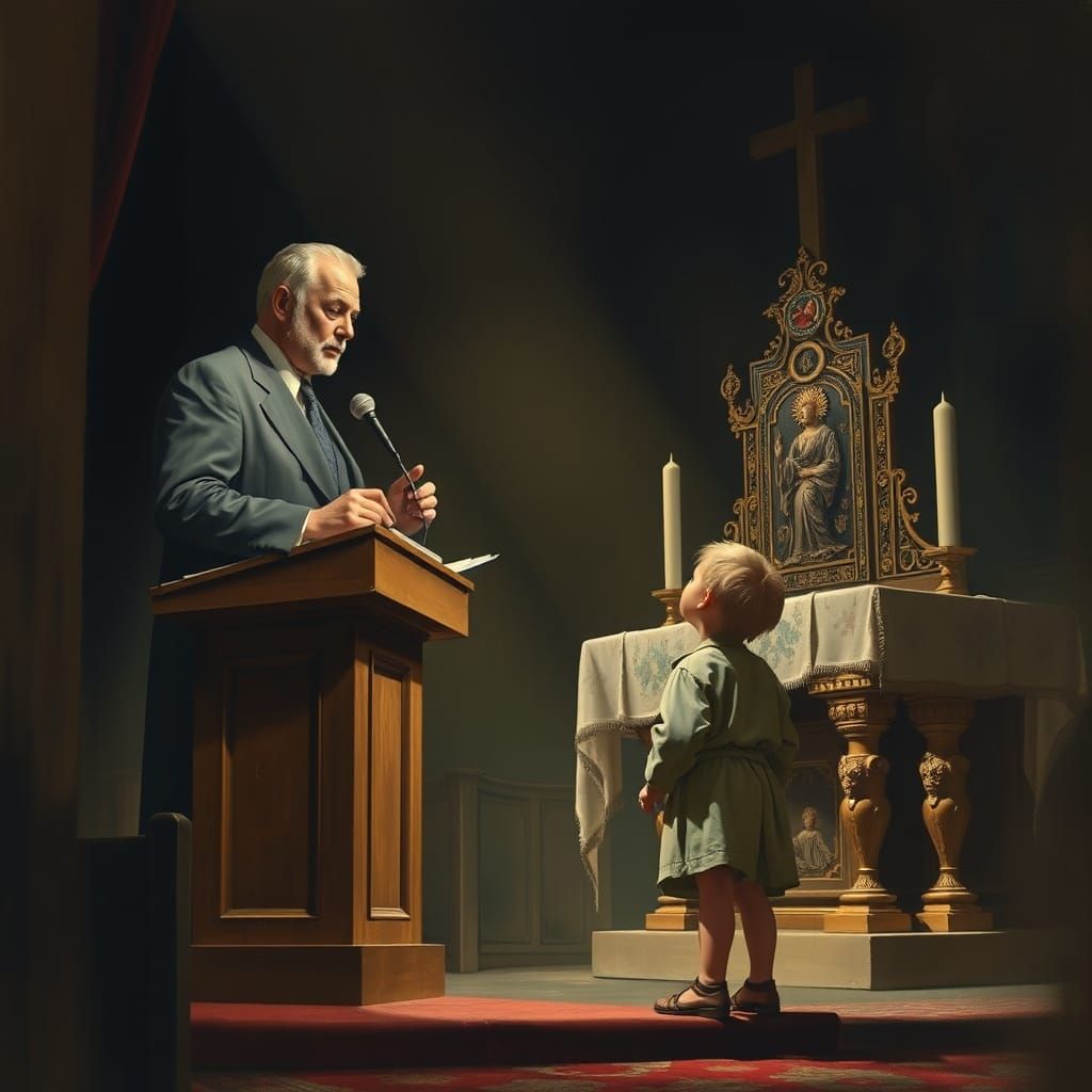 A Solemn Preacher Summons a Young Boy to the Altar