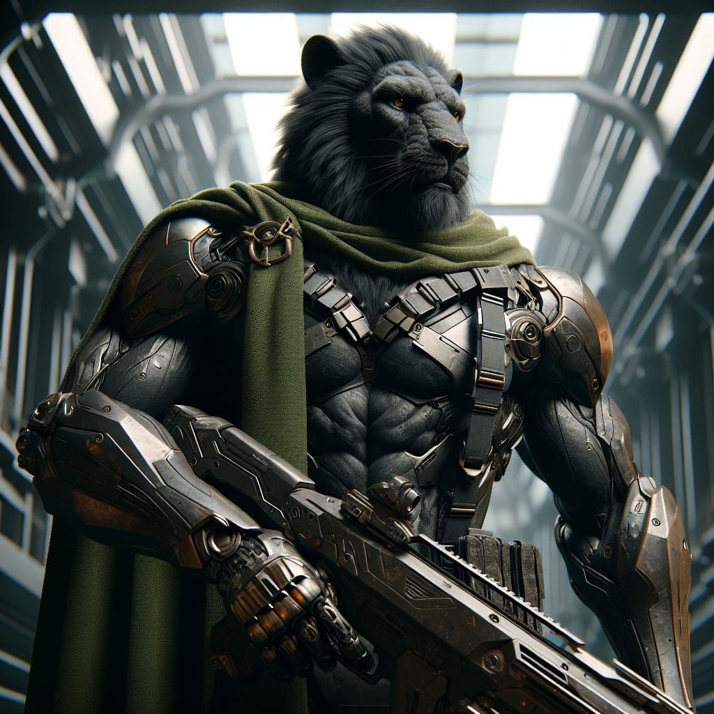 Heroic Black Lion in Futuristic Armor
