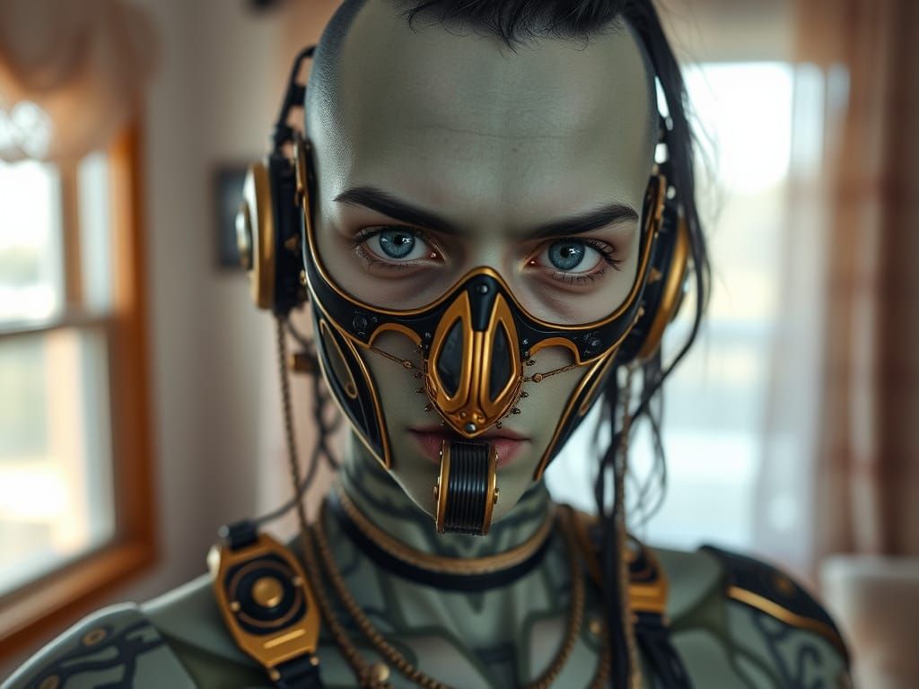 Biopunk Androgynous Figure with Mask, in Maximalist Style