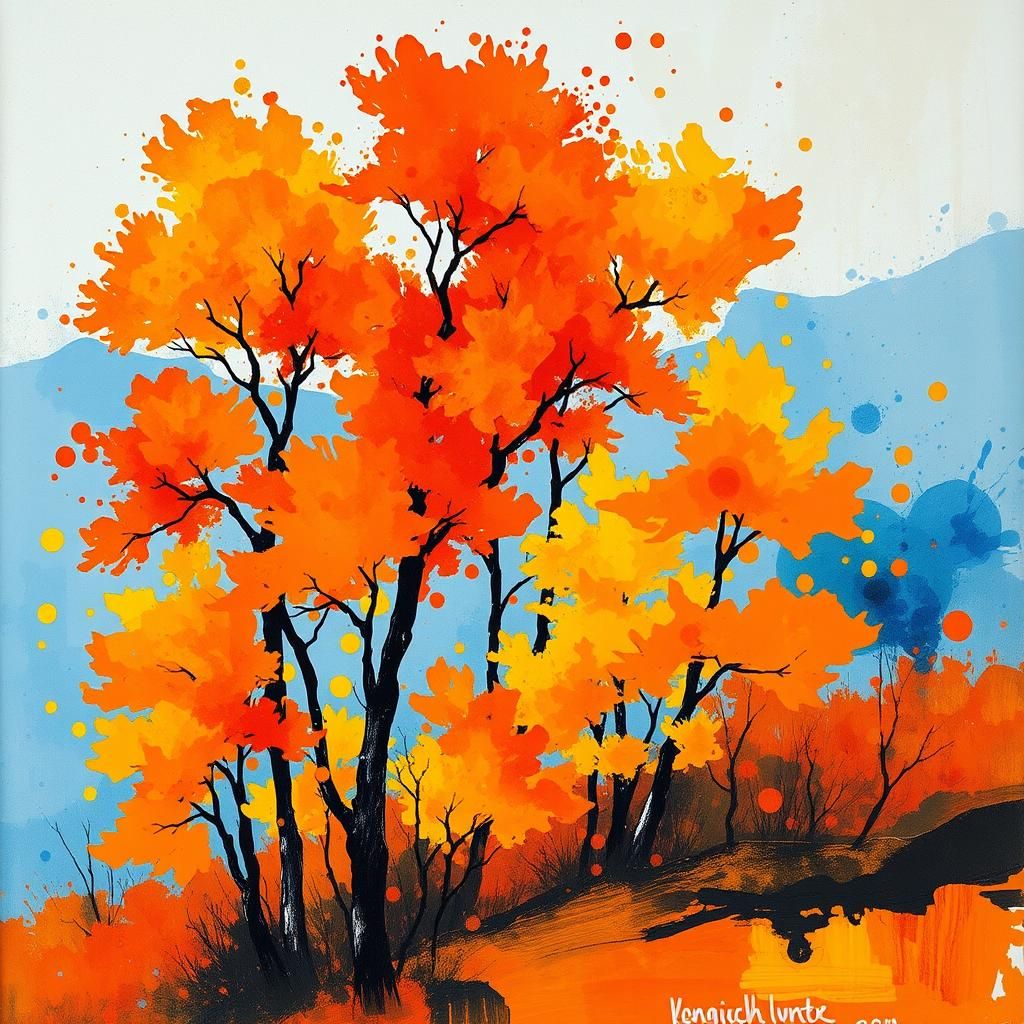 Abstract Autumn Landscape with Ink Splatters