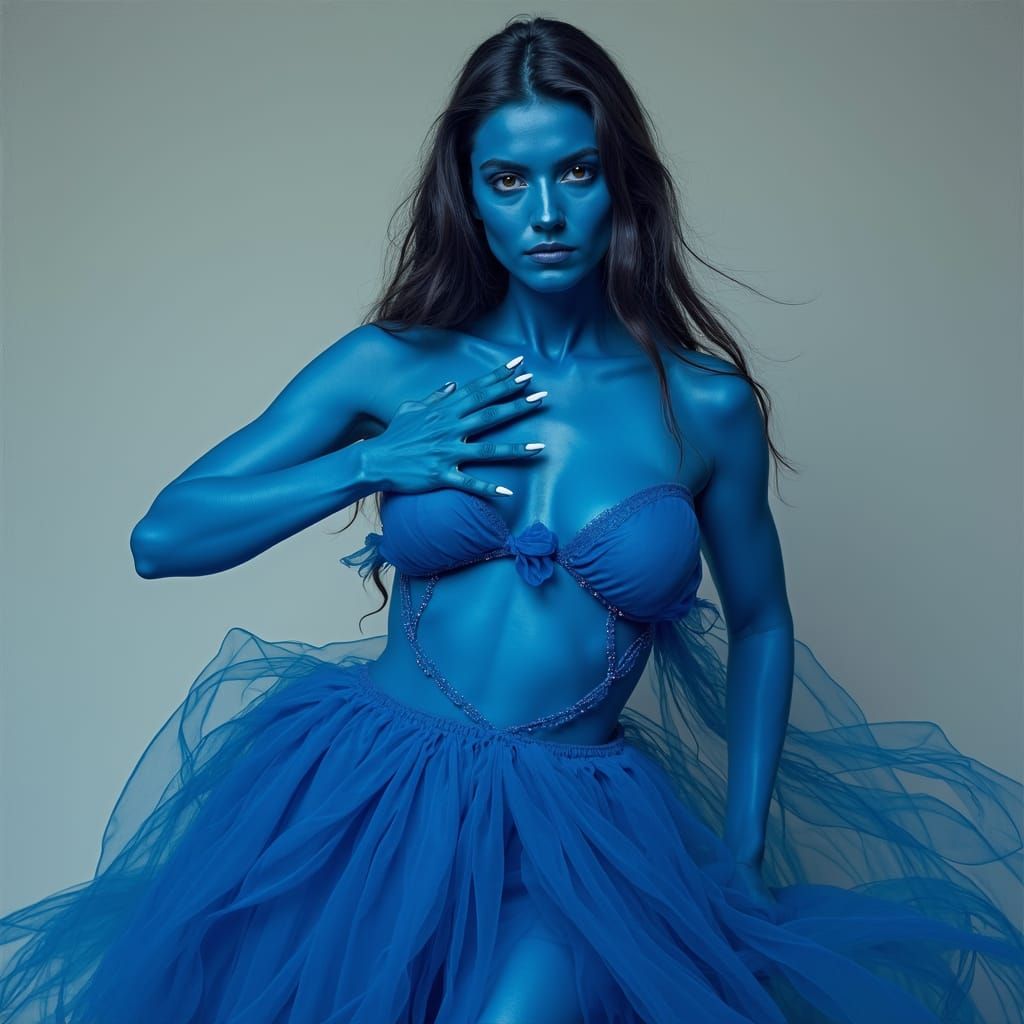 Blue Painted Woman in Elegant Gown, Mystical Realism