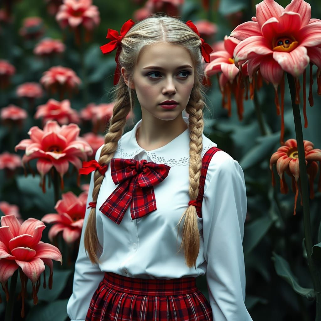 Eerie Garden Scene with Woman in School Uniform