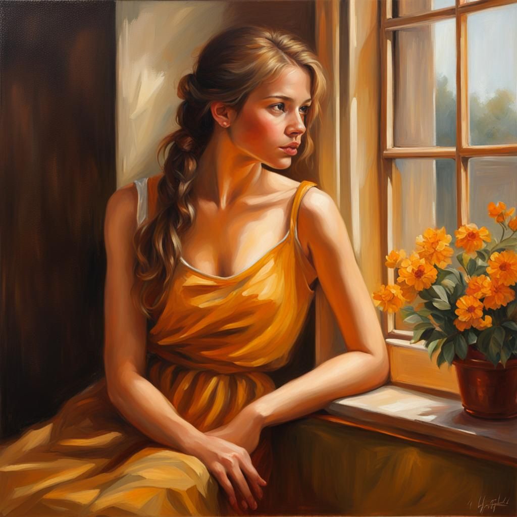 Girl by Window in Amber Light: Oil Painting