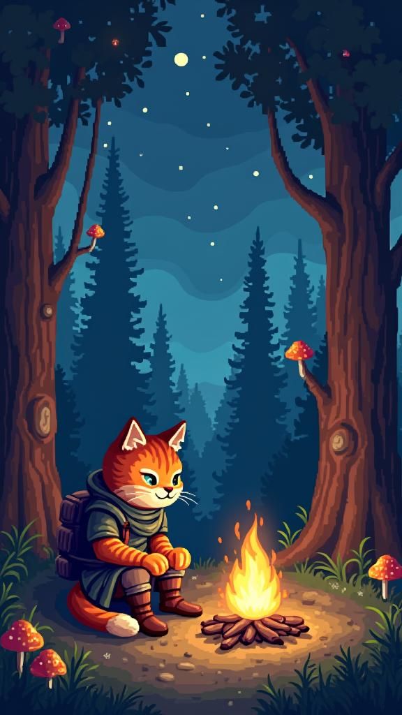 Pixel Art Cat Warrior Contemplating Bonfire Under Starry Sky