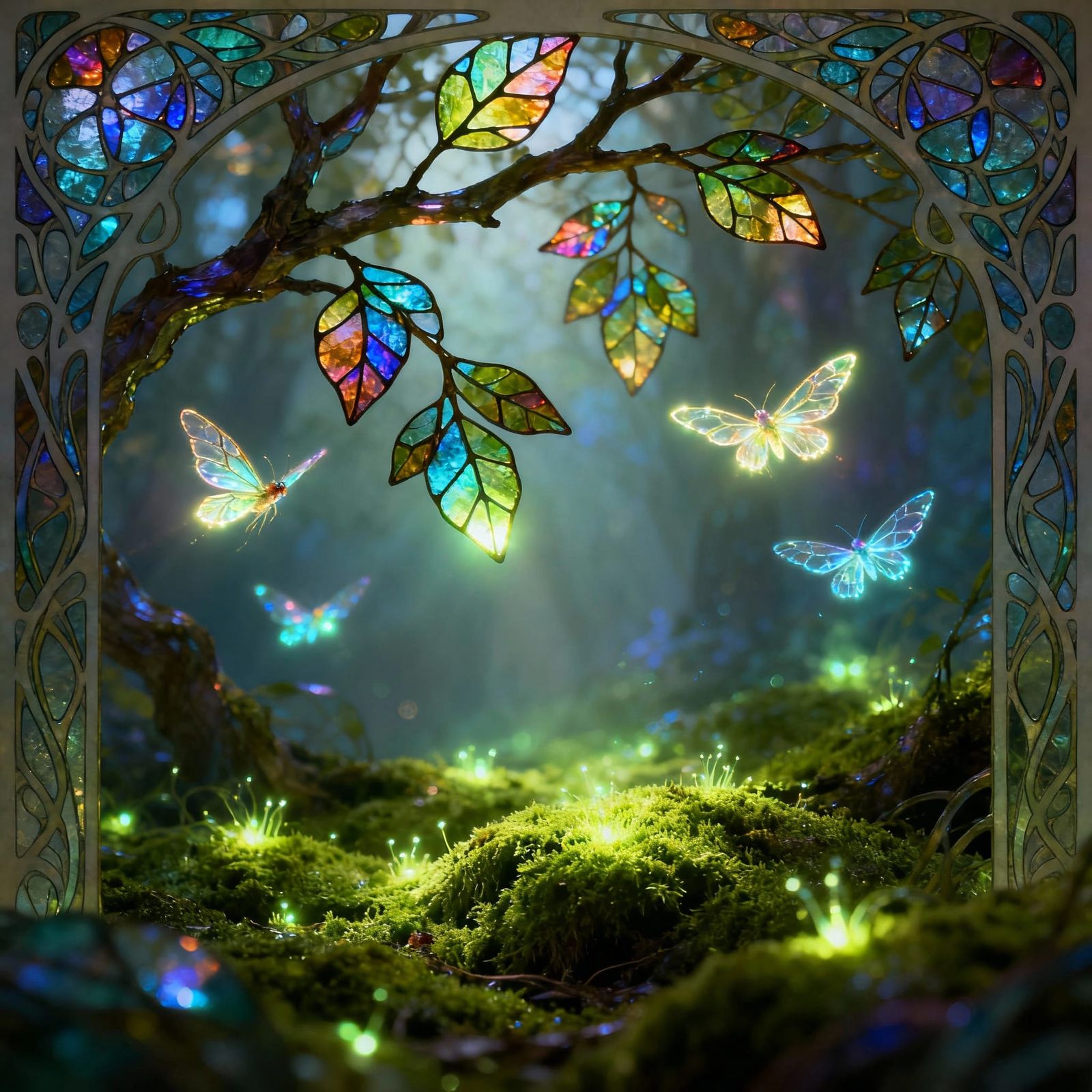 Dreamlike Forest with Stained Glass Leaves and Glowing Moss