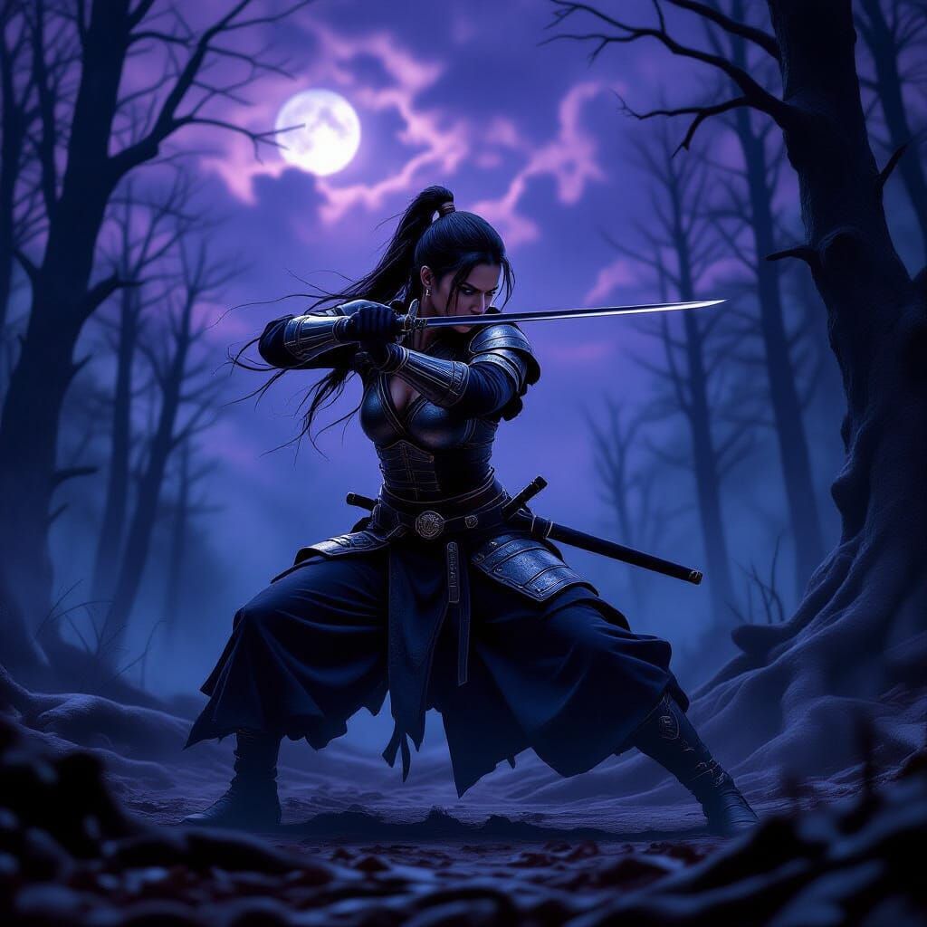 Lone Warrior Woman in Stormy Forest Oil Painting