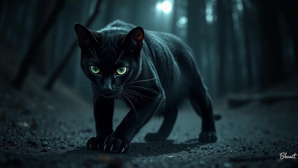 Eerie Black Cat in Shadowy Forest