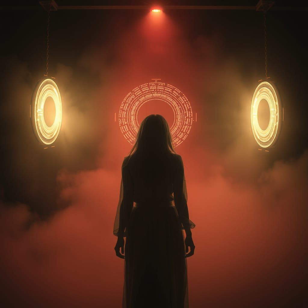 Ethereal Soundscape: Woman in Shimmering Mist