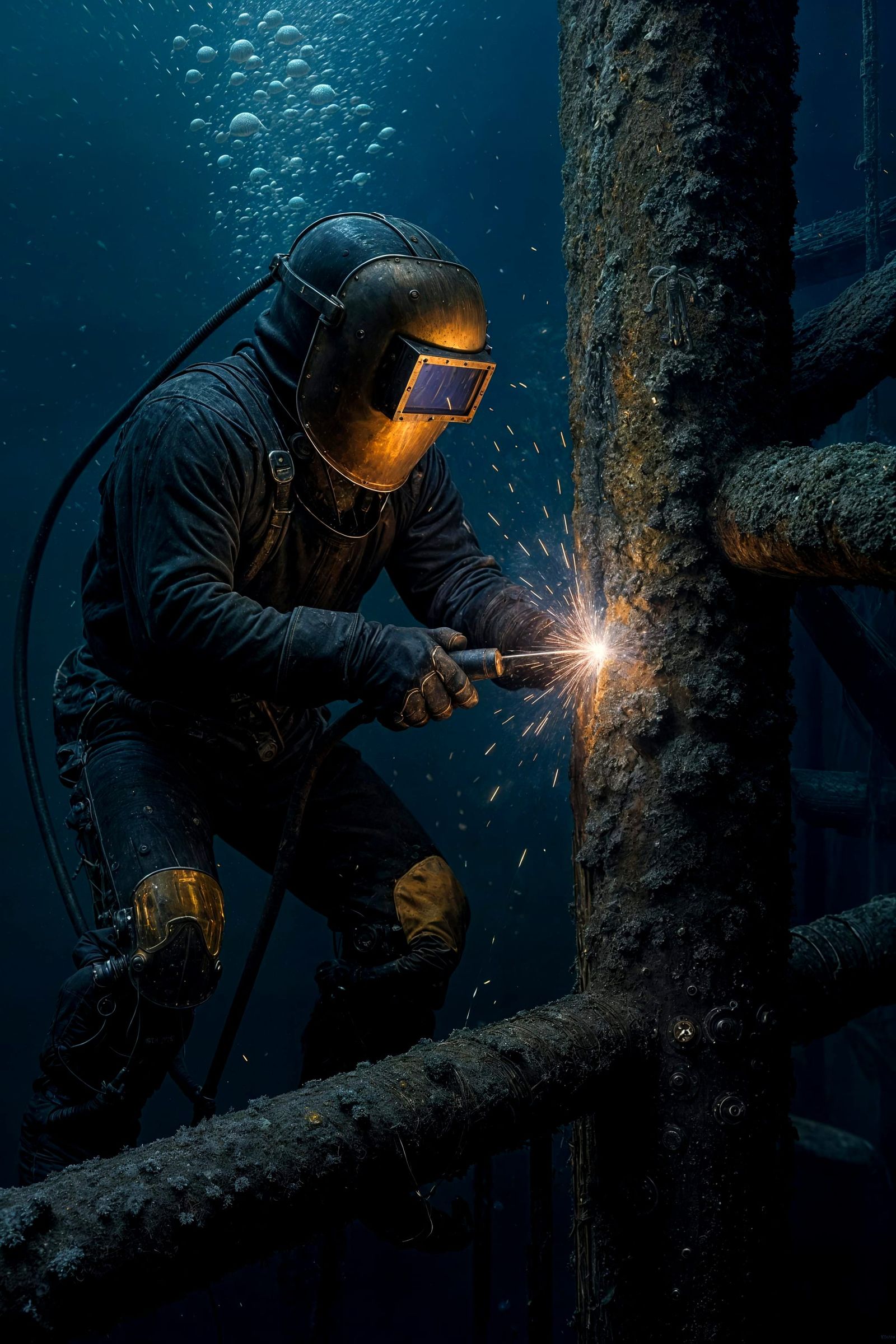 Underwater Welder Repairs Oil Rig in Deep Ocean