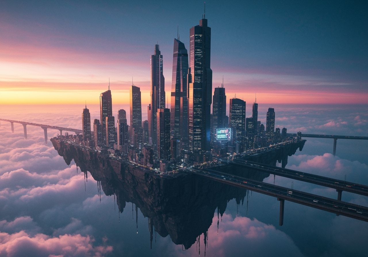 Futuristic City in Sky at Sunset as Matte Painting