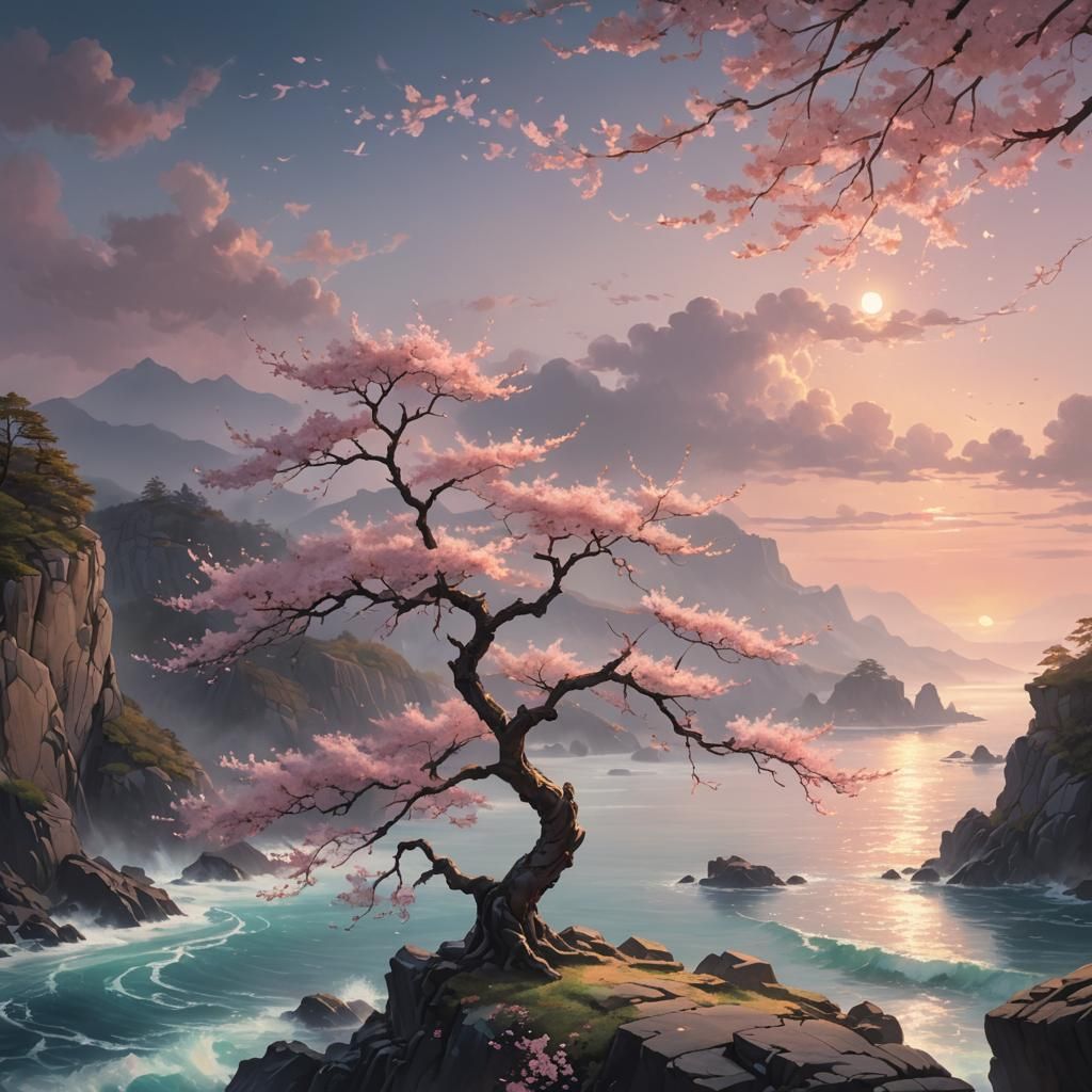 Dreamy Sakura Tree at Dawn: Fantasy Concept Art