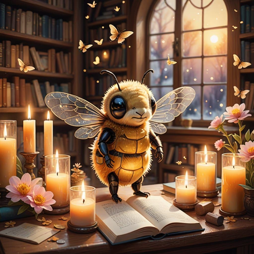 Whimsical Fantasy Library Scene in Watercolor Style