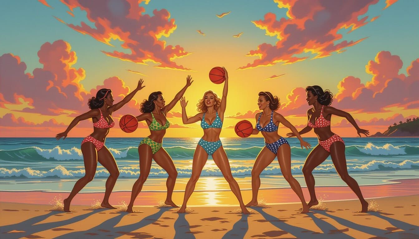 Voluptuous Women Play Basketball on Tropical Beach: Hyperrea...