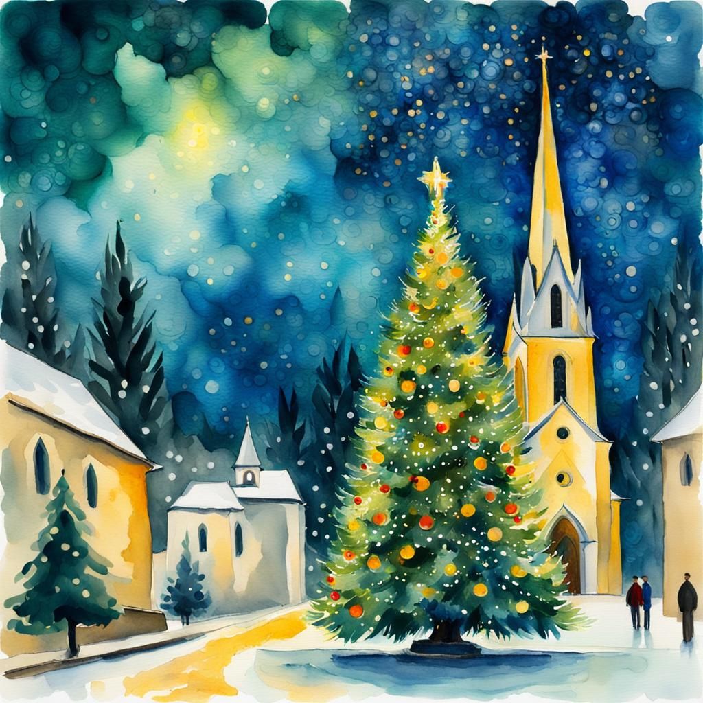 Vibrant Christmas Tree in Post-Impressionist Watercolor