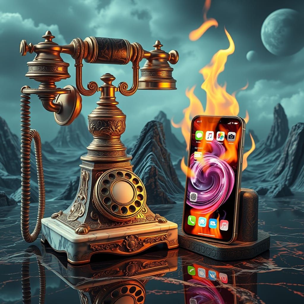 Baroque Telephone and Burning iPhone in Surreal Dreamscape