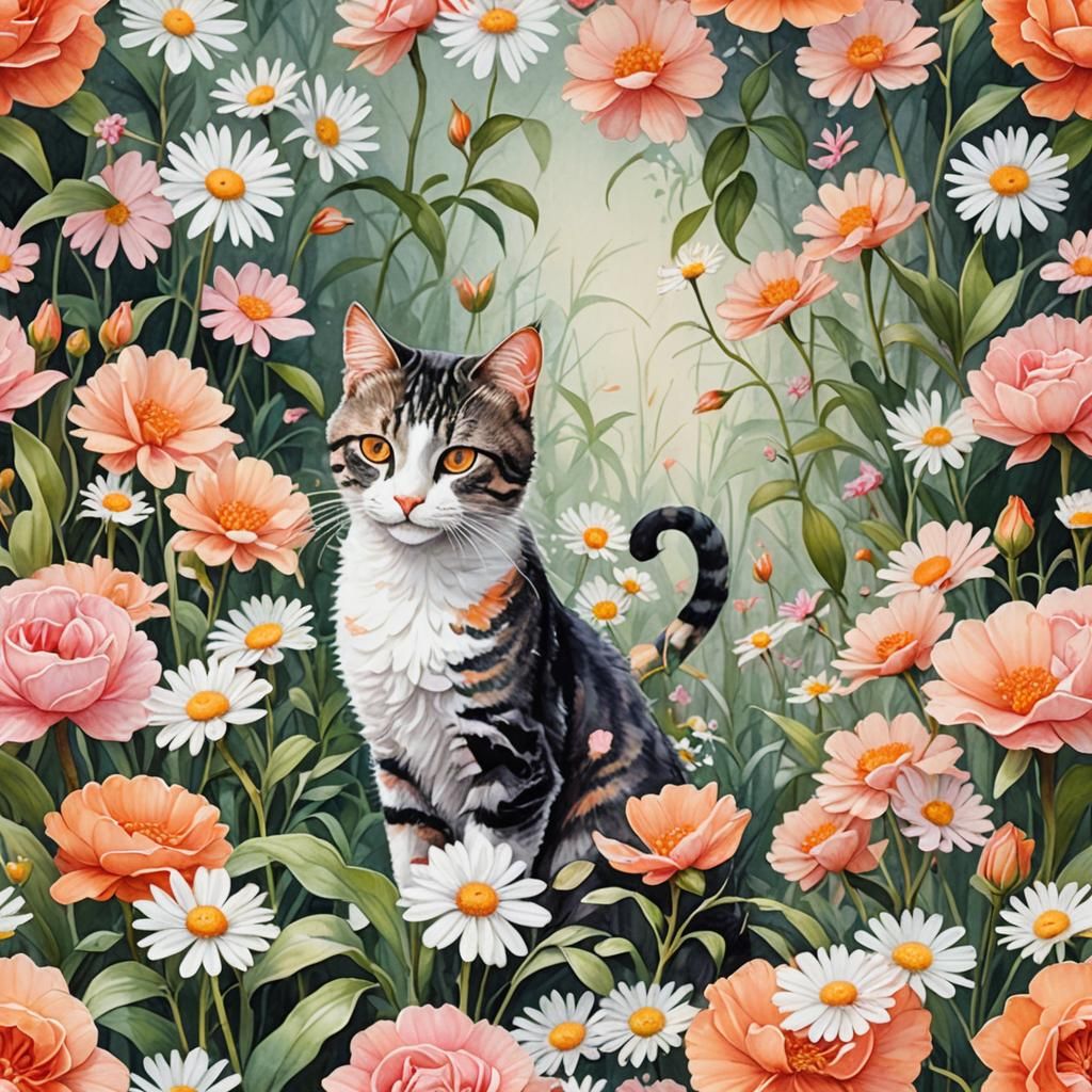 Botanical Cat Illustration with Pink and Orange Flowers
