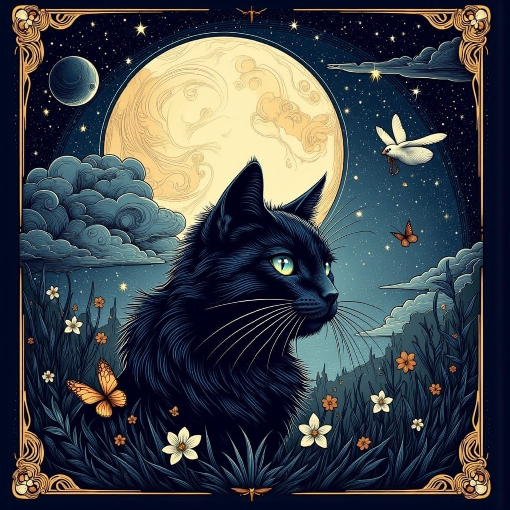 Mystical Black Cat in Neo-Traditional Tattoo Style