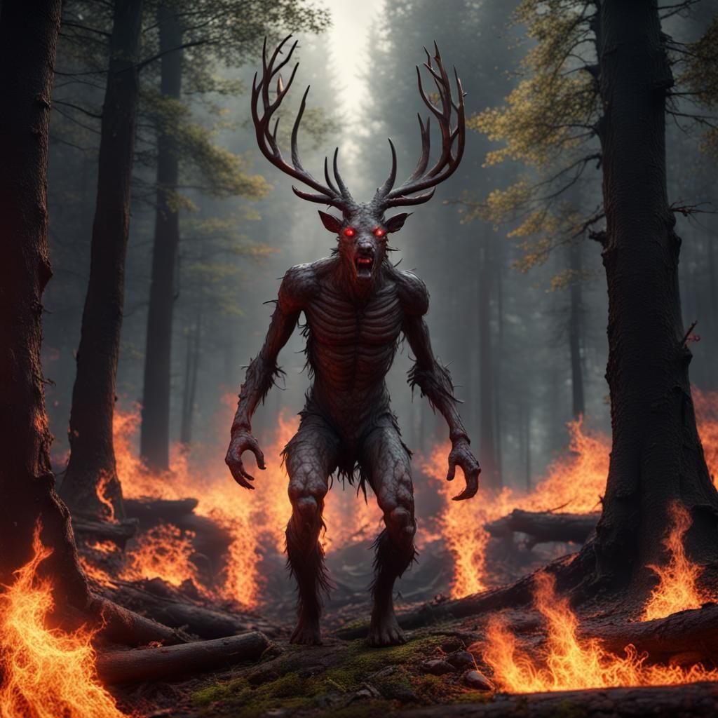 Epic Nuckalavee in Burning Forest: Hyperrealistic Horror