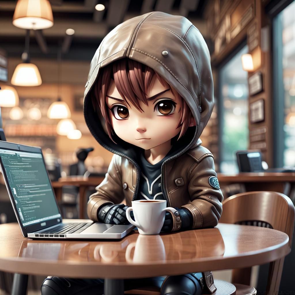 Cute Chibi Hacker in Coffee Shop