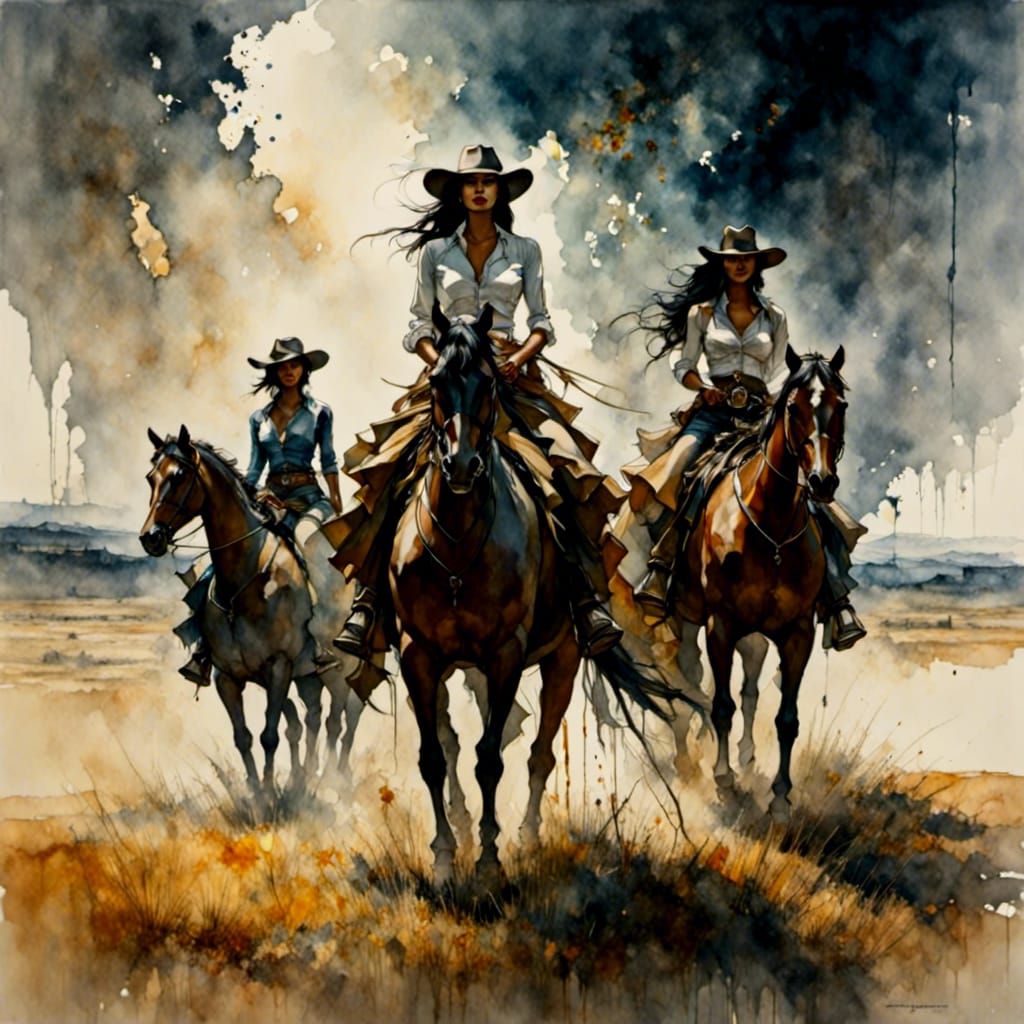 Cowgirl Leads Horses on Windy Prairie