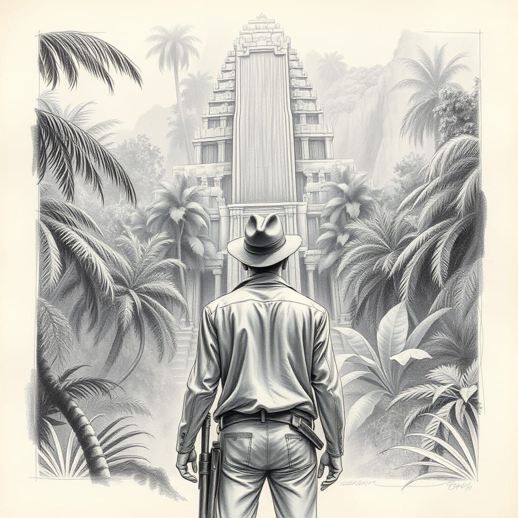 Indiana Jones Contemplates Ancient Temple in the Jungle