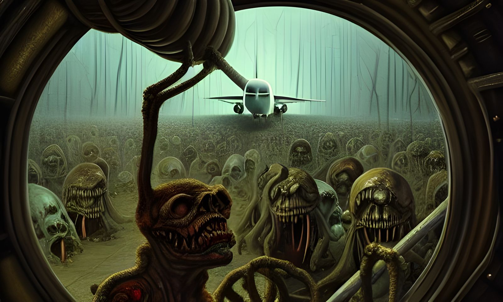 Grotesque Figure Reaching Out in Hangar: Gouache Painting