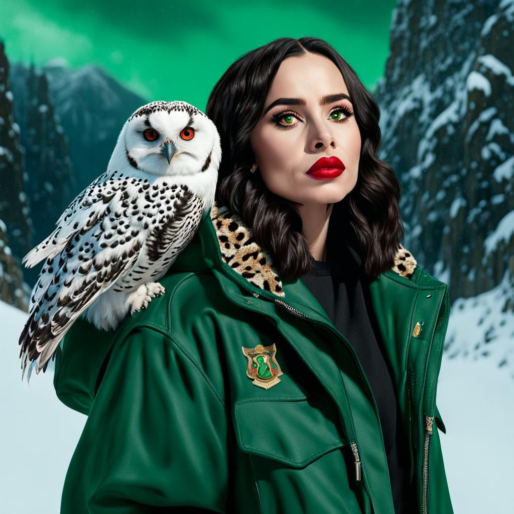 Girl with Snowy Owl in Slytherin T-Shirt