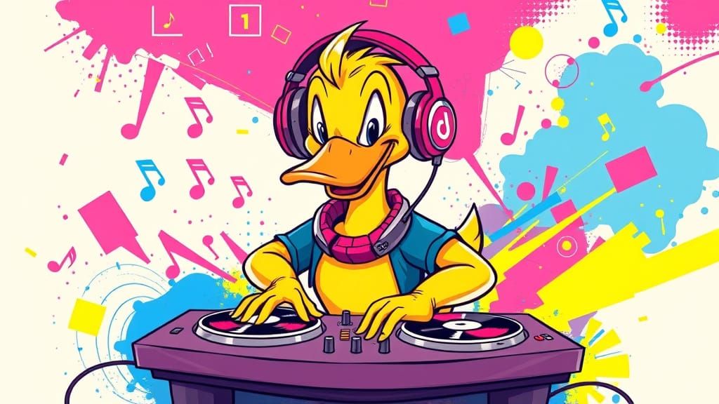 Cartoon DJ Duck Spins Tracks with Neon Accents