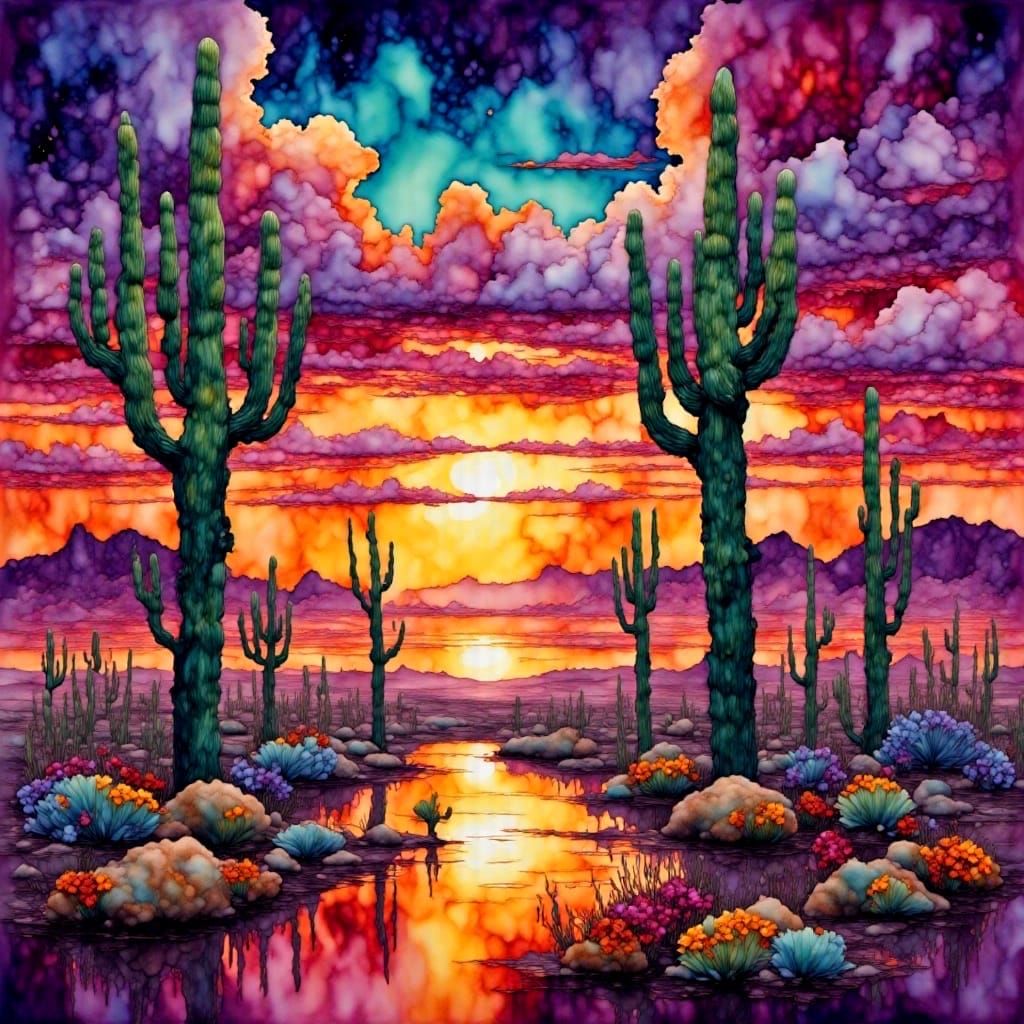 Southwest Sunset Psychedelic Landscape in Cinematic Style