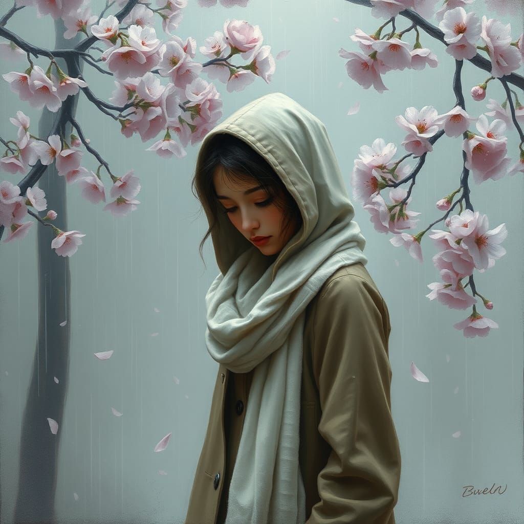 Melancholic Woman in Spring Rain: Impressionist Style