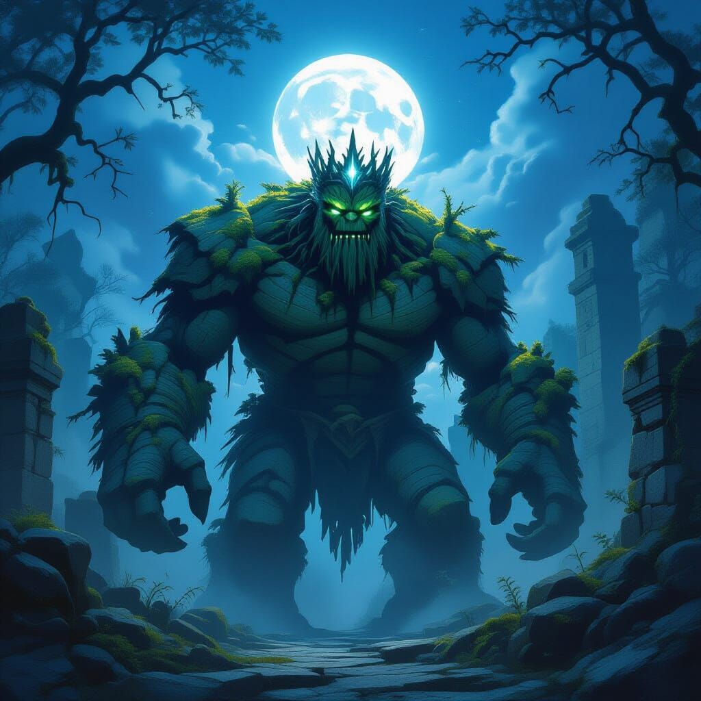 Ancient Stone Golem Guards Moonlit Ruins in Fantasy Art
