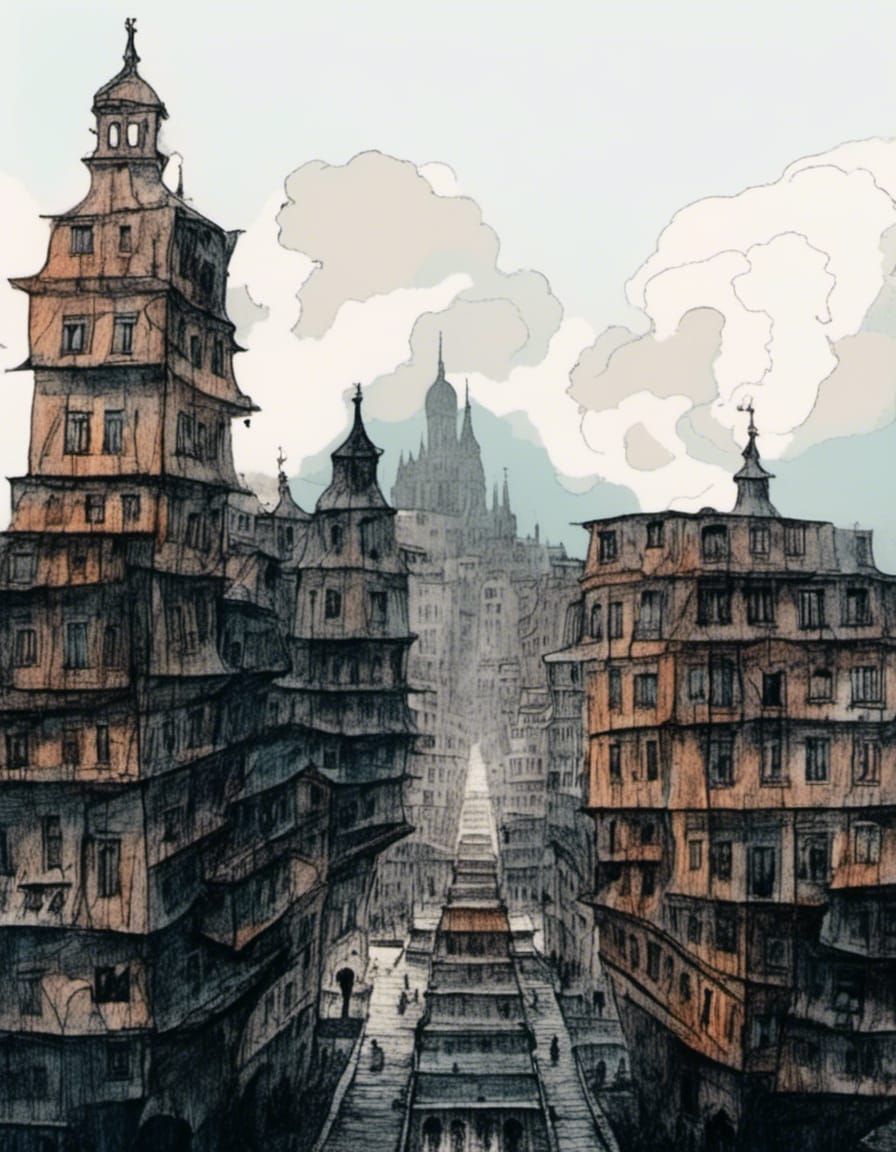 Dystopian Cityscape in Triadic Colors and Film Noir Style