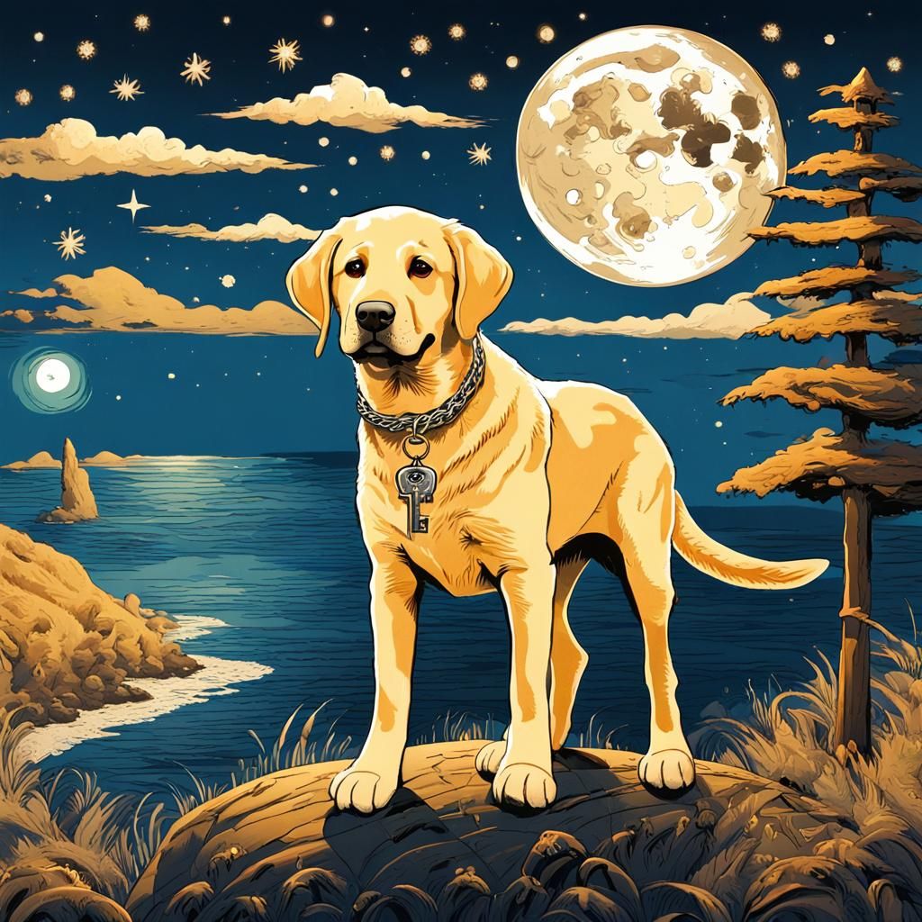 Cartoon Labrador Puppy Overlooking Beach at Night