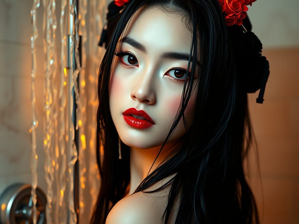 Asian Geisha Under Shower in Cyberpunk Bathroom