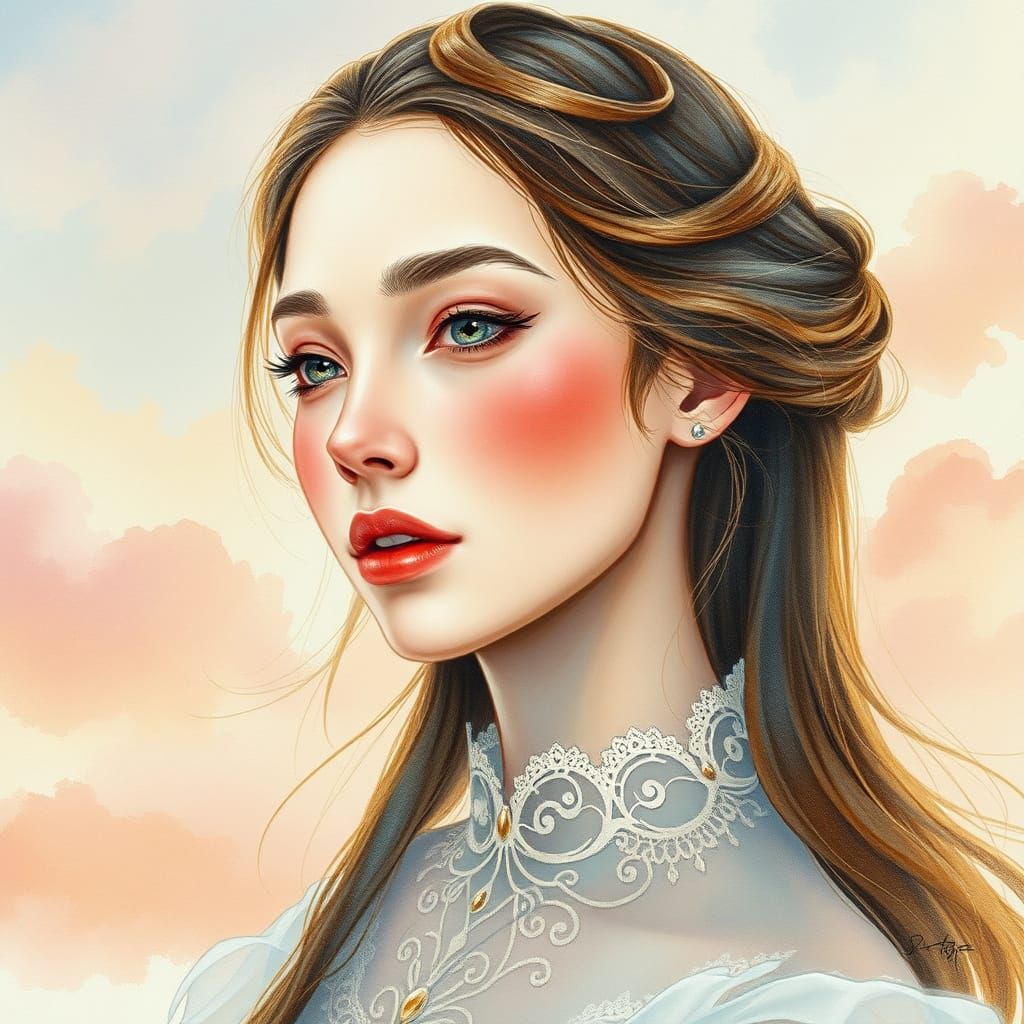 Surreal Watercolor Portrait in Whispers of Peach and Mauve