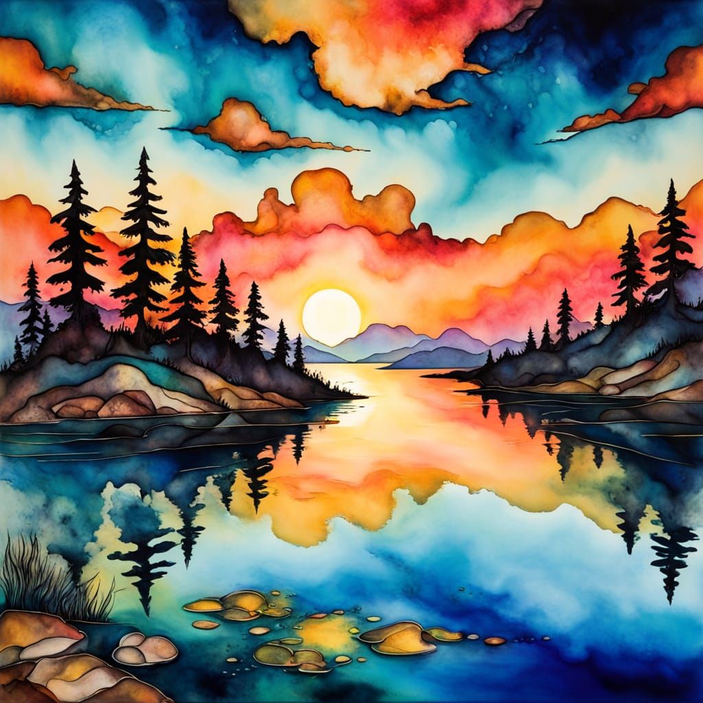 Ethereal Sunset Lake Scene in Vibrant Alcohol Ink