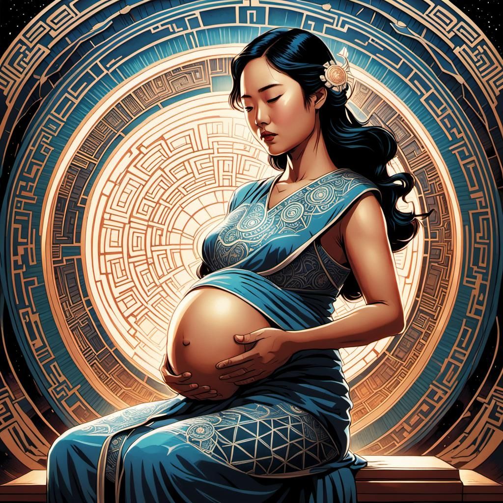 Lovely Asian woman pregnant art deco style highly detailed m...